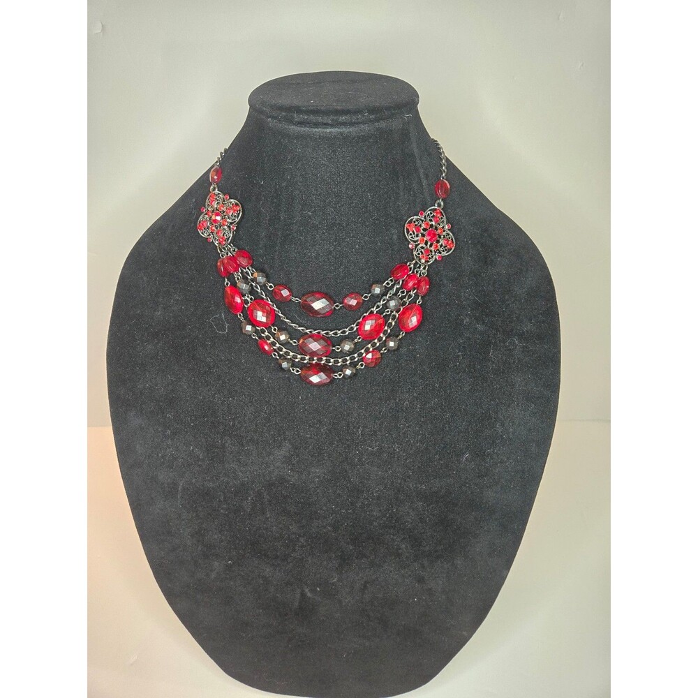 Red Beaded Necklace Multistrand Adjustable Length Statement Necklace
